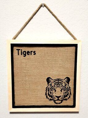 Rustic Wood Framed 12x12 Burlap Cork Board – Sports Inspired TIGER Mascot Decor